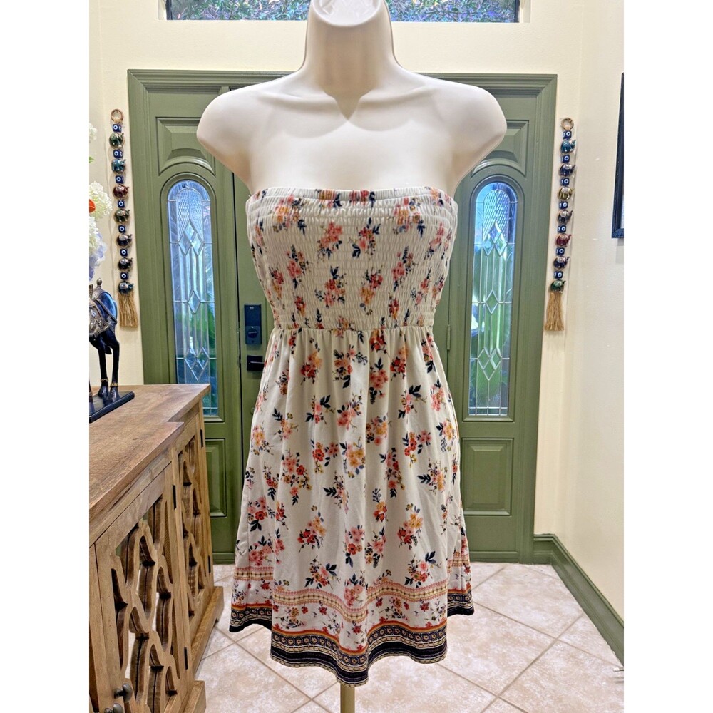 No Boundaries cream floral strapless mini dress size M